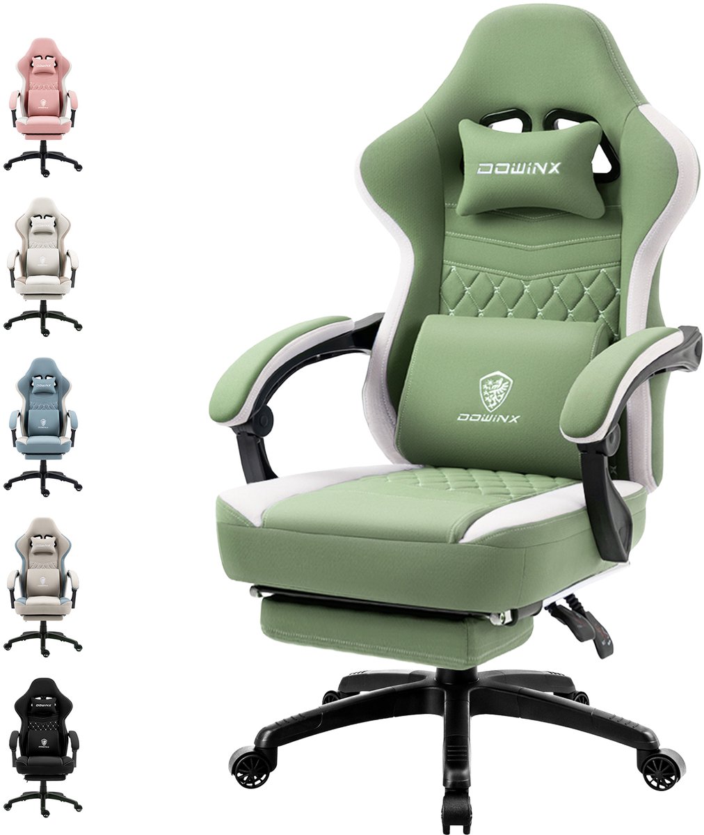 Gaming stoel - Ergonomische bureaustoel - Stoffen gamer stoel met verstelbare rugleuning - Hoofdsteun en voetensteun - 150 kg draagvermogen - groente
