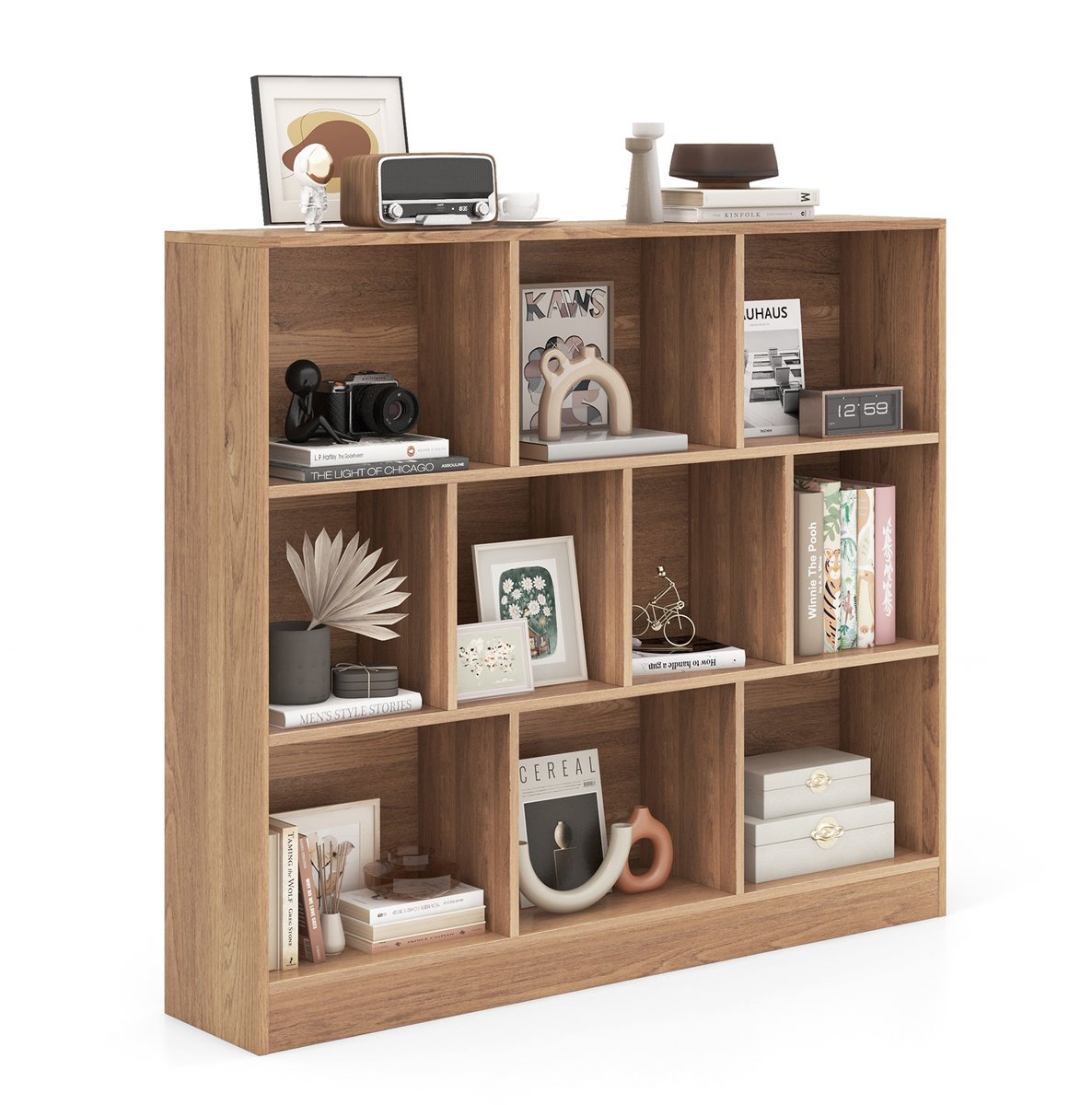 COSTWAY Boekenkast met 10 vakken, staand rek met 3 niveaus, kubuskast, kantoorkast, opbergkast voor woonkamer, slaapkamer, studeerkamer, kantoor, 120 x 24 x 104 cm (Natuur)