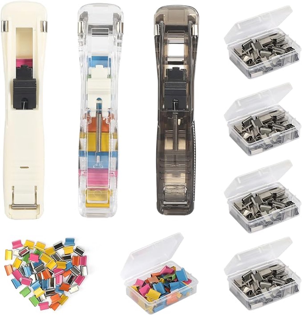 Papier Binder - 3-Delige Set - Clam Clip Dispenser Set - Herbruikbare - Compacte Drukstapelaar Voor Papier - Met 250 Herbruikbare Nietjes - Papierclipper - Nietmachine - Geschikt Voor Kantoor, Thuis En Schoolbenodigdheden