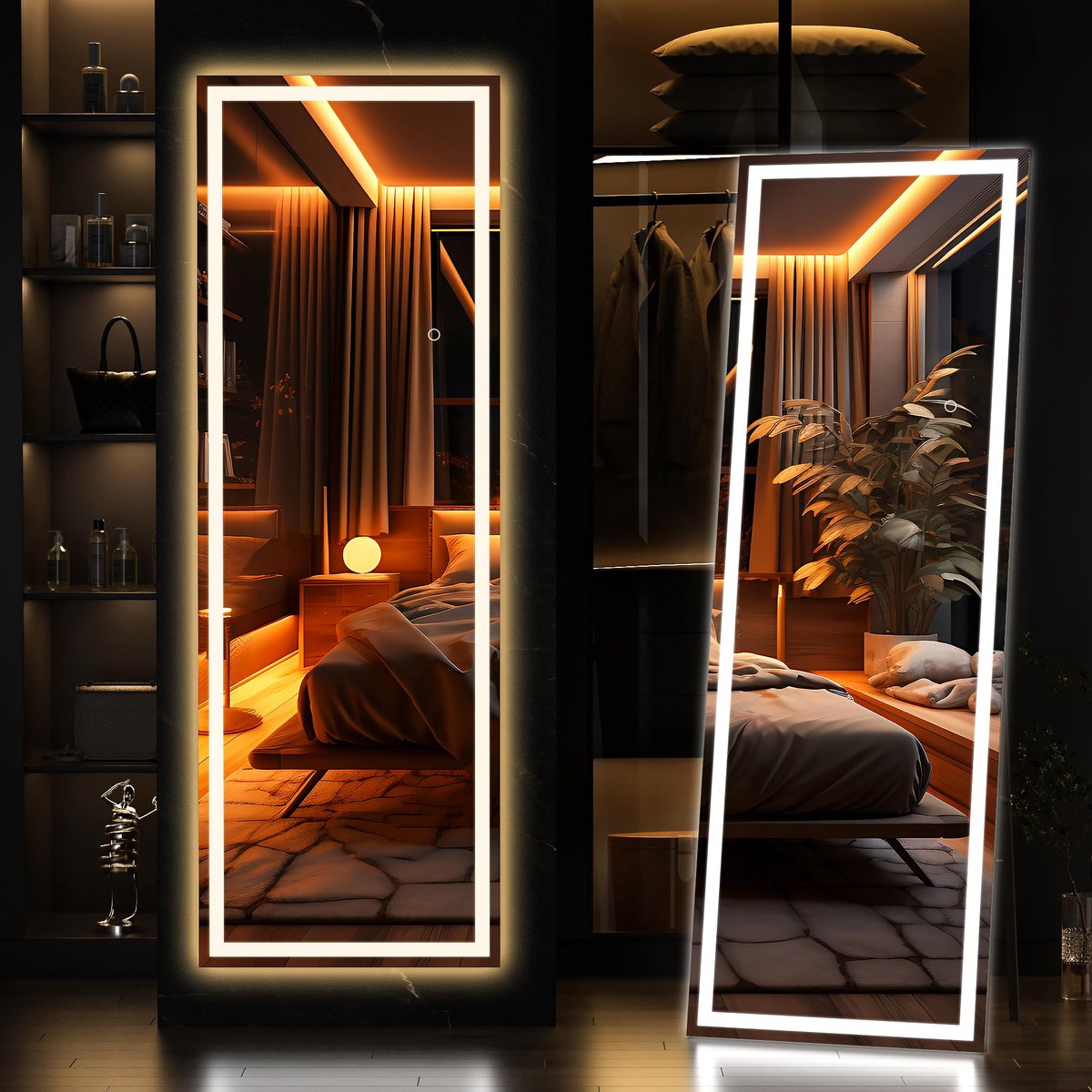 SnelShoppen - Hasipu LED Full-Body Spiegel met Verlichting 141 x 40 cm - Dimbare Wandspiegel in 3 Kleuren voor Kleedkamers en Slaapkamers