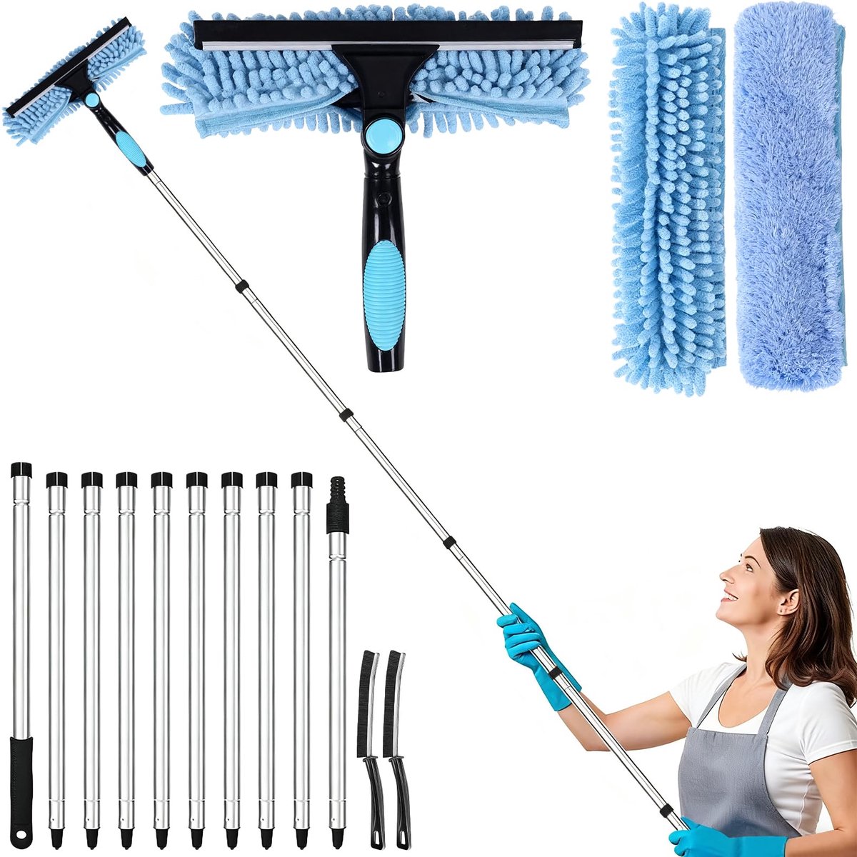 SnelShoppen - Ramenreinigingsset 2-in-1 met 3,85 m telescoopsteel, 10 roestvrijstalen verlengstangen, microvezeldoeken & groefborstels voor hoge ramen