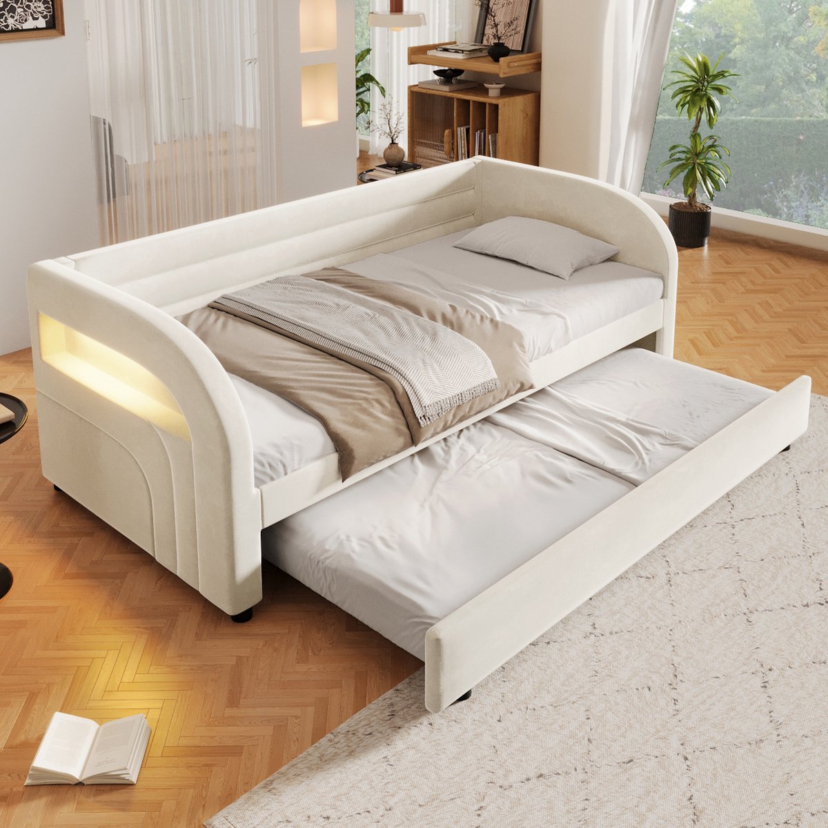 Gestoffeerd Bed 90x200 cm - Met Uitschuifbed, LED Verlichting En Fluwelen Bekleding Beige