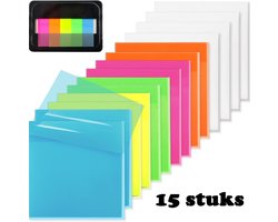 15-Delige Set Sticky Notes Transparant - Index Tabs - Beschrijfbare Indexlabels - Bladwijzer - Plakbriefjes - Zelfklevend - Geschikt Voor Studienotities, Boeken, Documenten En Notitieboekjes - Fluorescerende Kleur