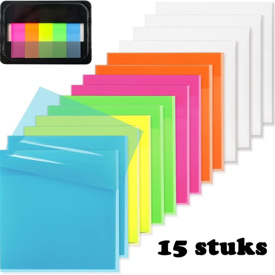 15 stuks doorzichtige, zelfklevende memoblaadjes in blauw, geel, groen, roze en oranje, met witte blaadjes erachter. Ook een zwart doosje met gekleurde indexlabels.