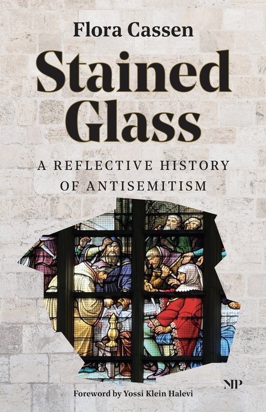 Couverture du livre 'Stained Glass' montrant un vitrail brisé représentant une scène biblique avec des personnages multicolores. Titre : 'Stained Glass: A Reflective History of Antisemitism'.