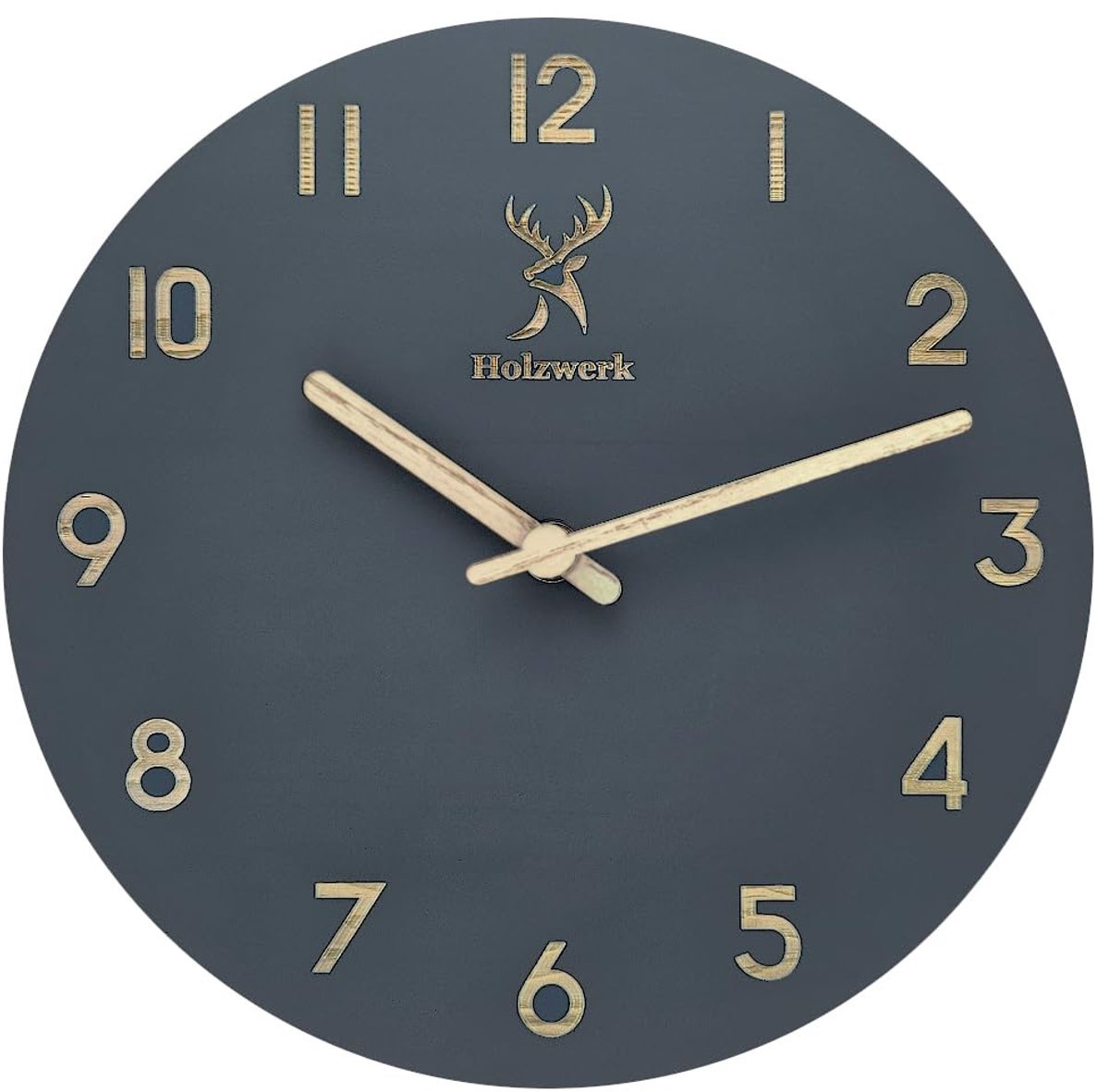 SnelShoppen - Wandklok Houten Klok Vintage Stijl Geruisloos Uurwerk Massief Hout Natuur Bruin Grijs Hertenmotief voor Huiskamer Keuken en Slaapkamer