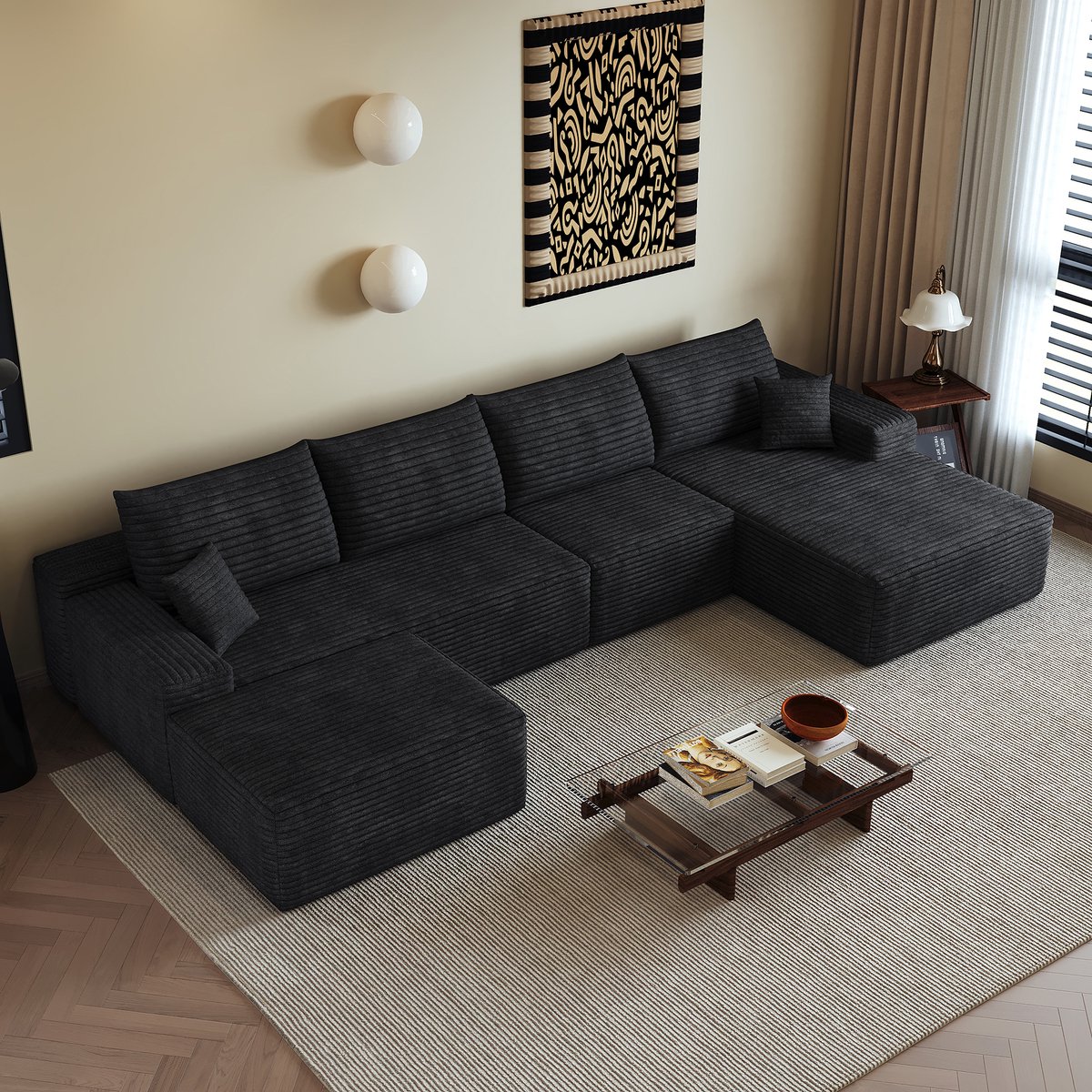 STILVORA Hoekbank 340 Cm - Modulair Met L-Vormige Chaise Longue En Zonder Montage - Voor Woonkamer En Slaapkamer - Corduroy Zwart