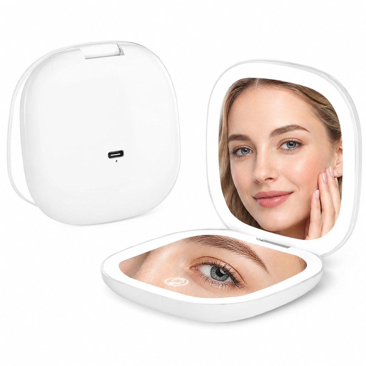 SnelShoppen - Zakspiegel met 5x vergroting, LED-licht en 3 kleurmodi, Oplaadbaar via USB-C, 90mm Compact Cosmetica Spiegel voor Make-up en Reizen, Han