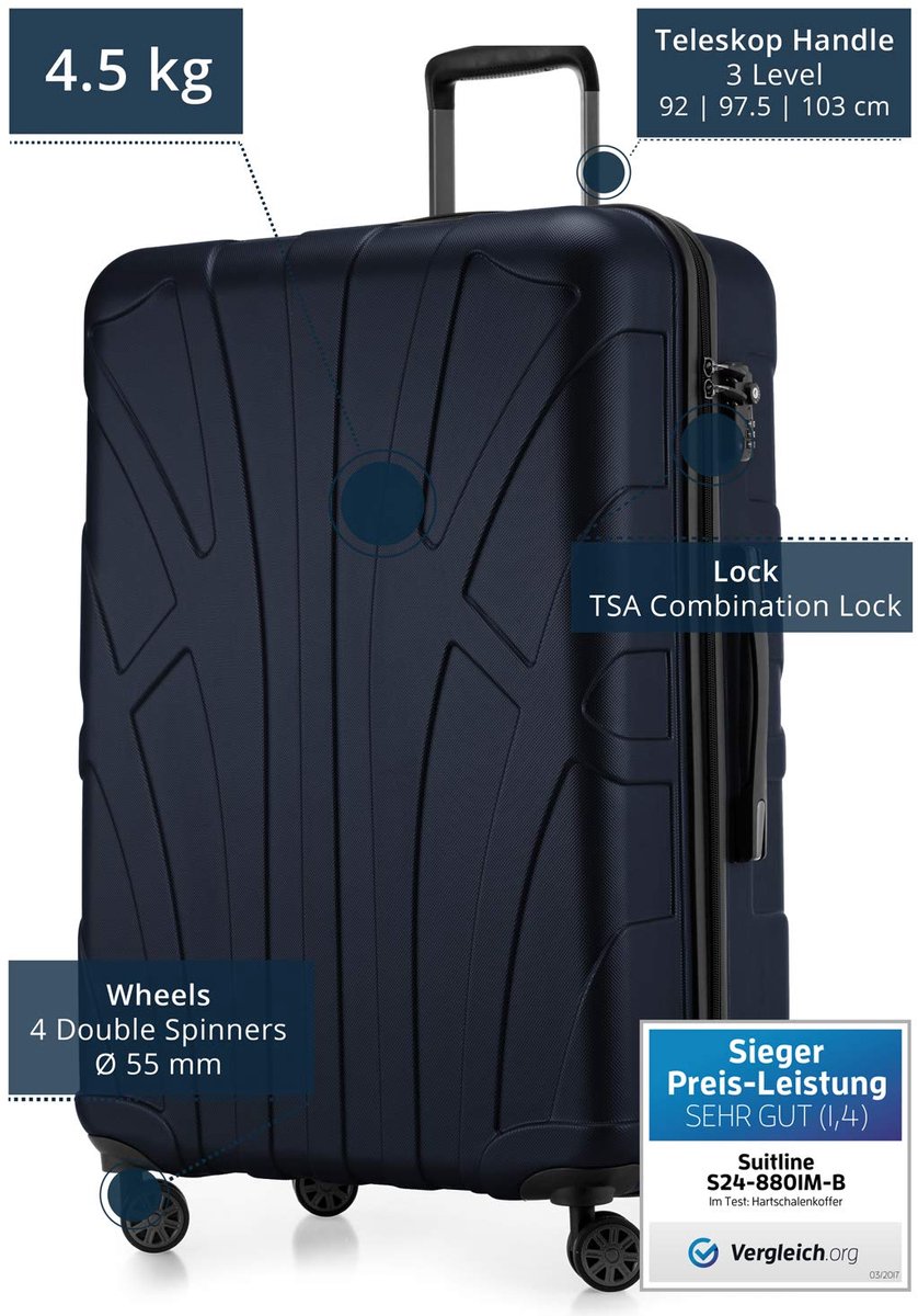 SnelShoppen - Grote koffer 76 x 53 x 31 cm ABS harde schaal uitbreidbaar (96-110 L) met TSA slot en 4 dubbele wielen, Donkerblauw voor vakantie, zaken