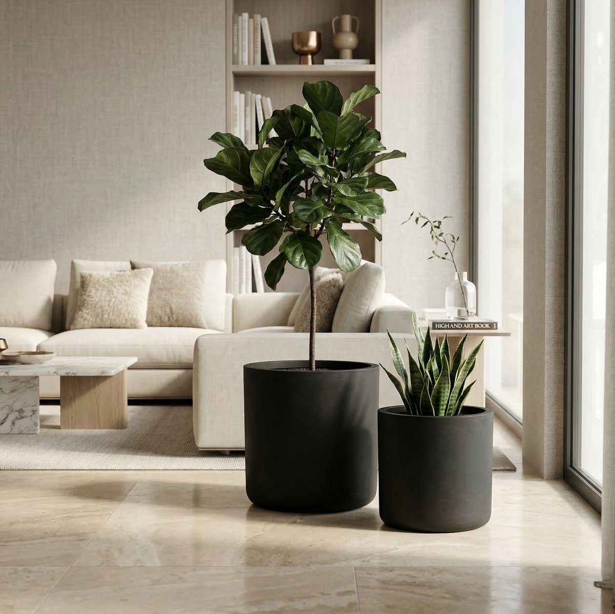 FloraGrace Bloempotset Van 2 – Handgemaakt En Rond – 40 En 34 Cm – Magnesiumoxide – Zwart – Voor Binnen En Buiten – Met Drainagegaten