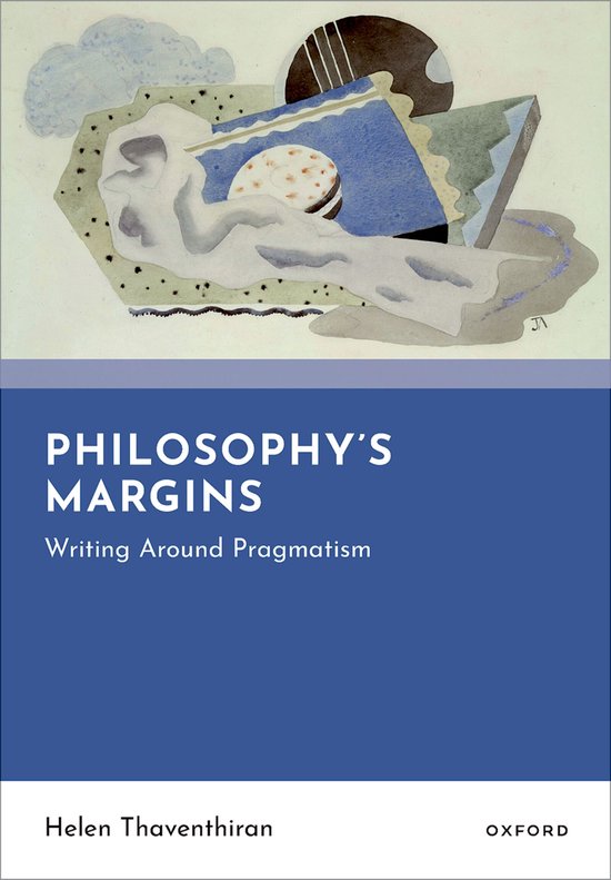 Boekomslag met abstracte kunst in blauw, grijs en beige. Titel: Philosophy's Margins. Auteur: Helen Thaventhran.