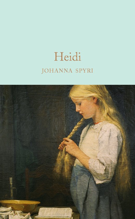 Couverture de livre avec une peinture d'une fille aux longs cheveux blonds se tressant la natte. Titre: Heidi.