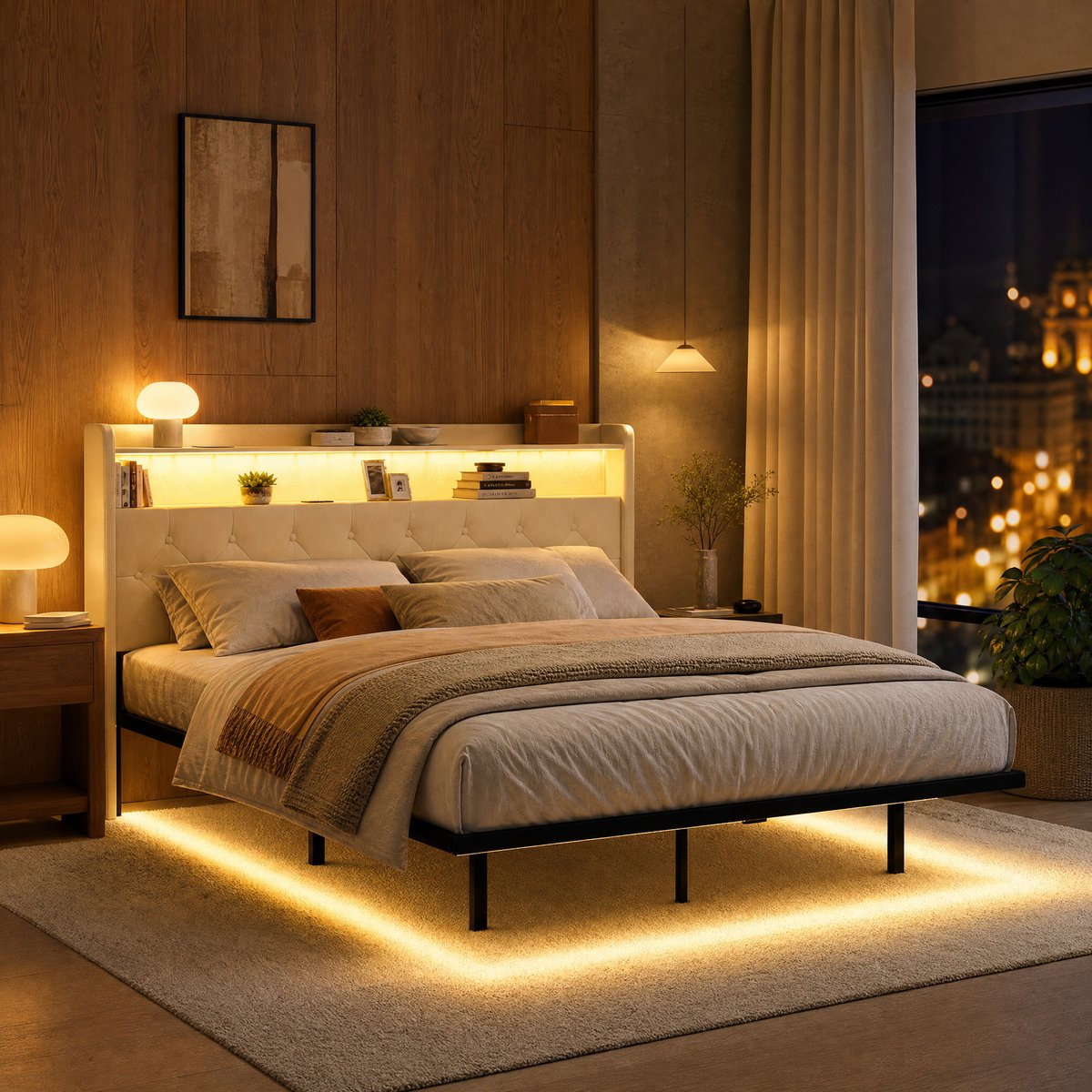 Bealife AF21 Bedframe - 160×200 cm – Gestoffeerd Tweepersoonsbed met LED-verlichting, USB & Type-C Poorten- Opberghoofdbord – Zwevend design - Beige