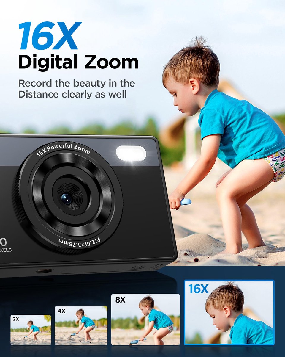 SnelShoppen - 64 GB Digitale Camera voor Kinderen - 48 MP Anti-Shake Vlogging Camera met 16x Zoom, Fotofiltratie, Continu Fotograferen, Zelfontspanner thumbnail 4
