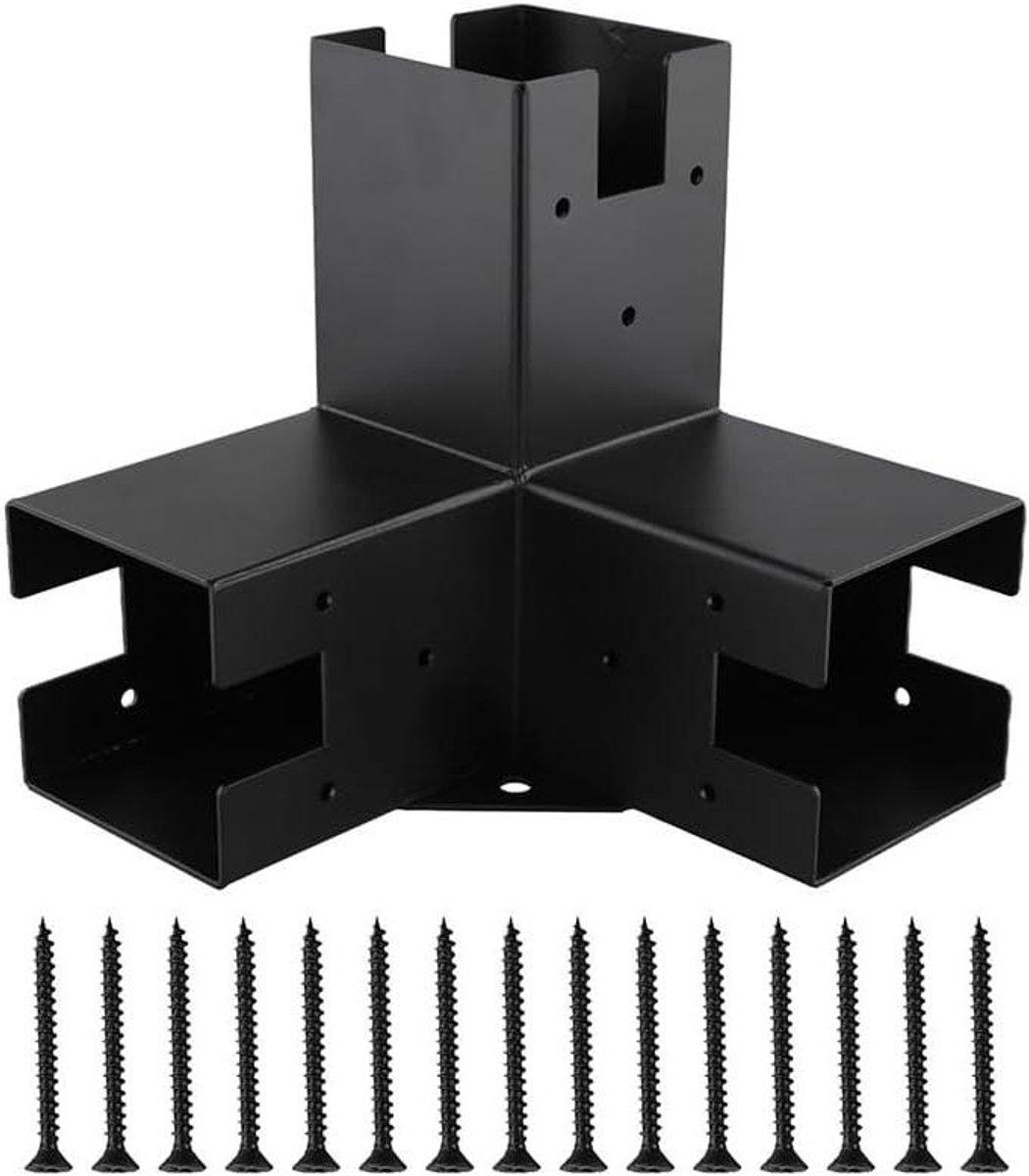 Rechte hoekbeugel - Pergola voet Balkhouder - Buitenstructuren Verstevigen - Met zonnescherm ophangpunten - 218x218x120 mm - Zwart
