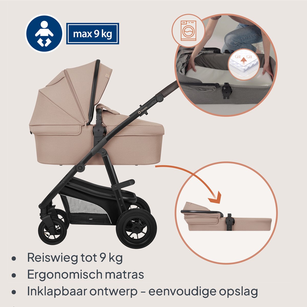 Lionelo Bianka Kinderwagen 3 in 1 - incl. Astrid i-Size Lite Autostoel - 0-22kg - XXL - Wandelwagen / Buggy 3in1 - Verstelbare duwstang - Opvouwbaar - Accessoireset - XXL UPF50+ zonnekap - Luchtbanden met vering - Reiswieg thumbnail 4