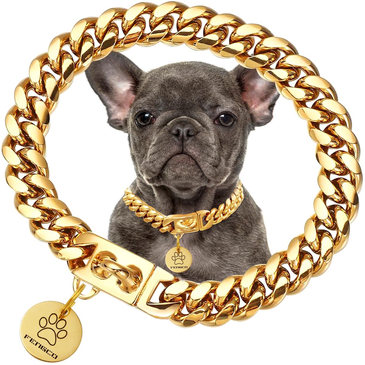 SnelShoppen - Gouden Hond Ketting Kraag met Hond Tag Hanger - 18K Verguld Roestvrij Staal - Metalen Cubaanse Schakels Halsband voor Honden - 25,4 cm