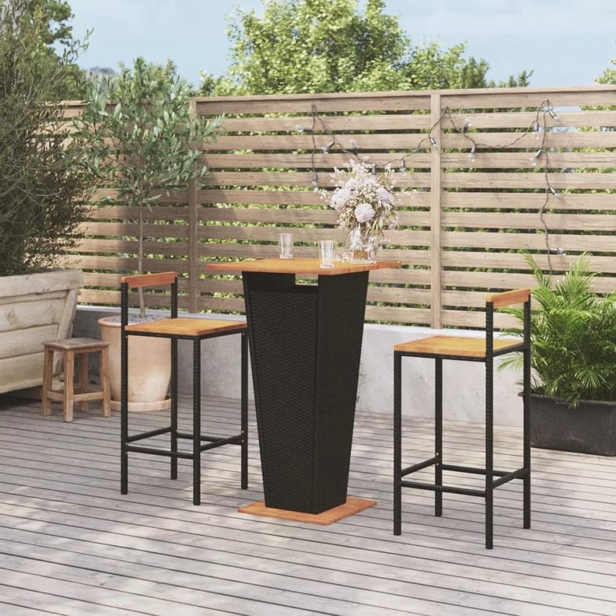 Tuin Bar Set - Balkonset Patio Meubels - Buiten Ontspannen - Poly Rotan Acacia Hout - 60x60x110 cm - Zwart
