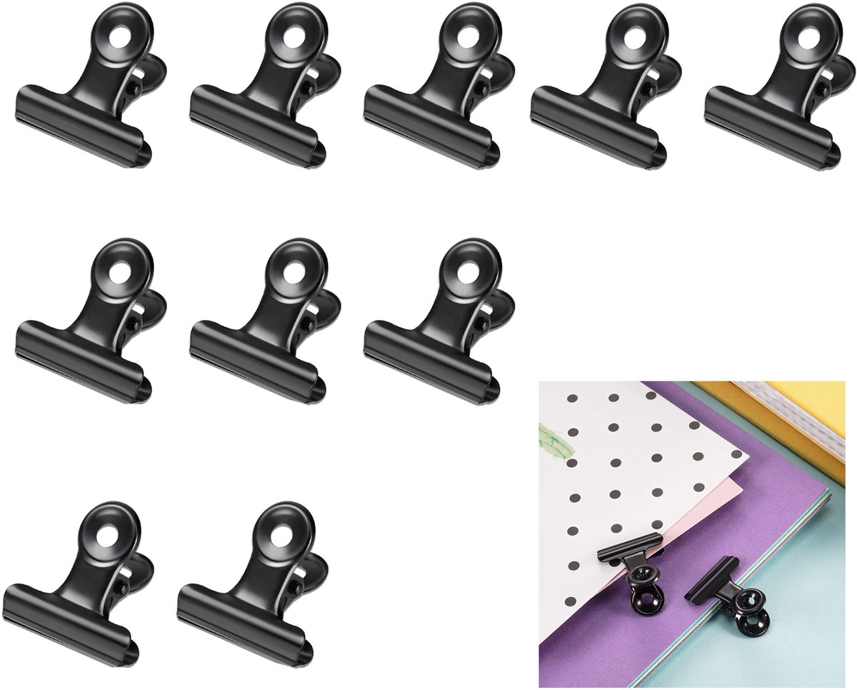 10-stuks Bulldogclip - Metalen scharnierclip - Scharnierende paperclip - Binder - Fotoclip - Sjaalclip - Ronde clip - Clip - Kantoorartikelen - 2,2 cm - Geschikt voor knutselwerk, voedselzakken, kantoorgebruik, enz. - Zwart