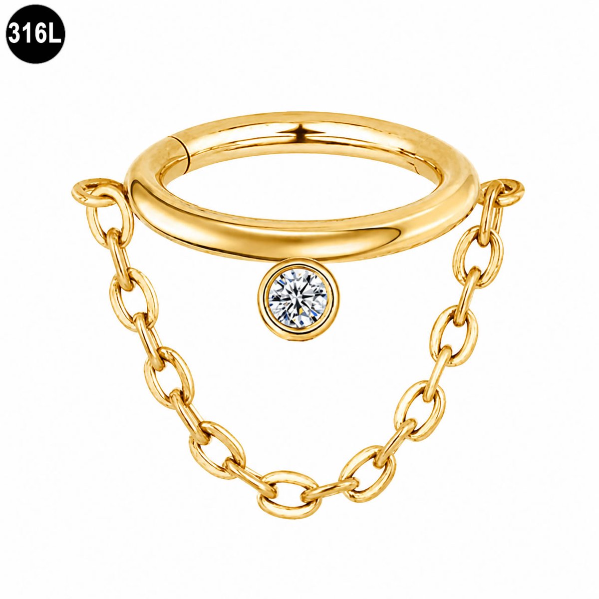 Segment Ring Helix Tragus Piercing met Kettinkje en Kristal – Clicker – Chirurgisch Staal – Goudkleurige - 8 mm – 1.2 mm