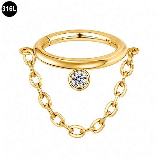Gouden segmentring 8mm met 1.2mm dikte, met een kristal en een ketting eraan.
