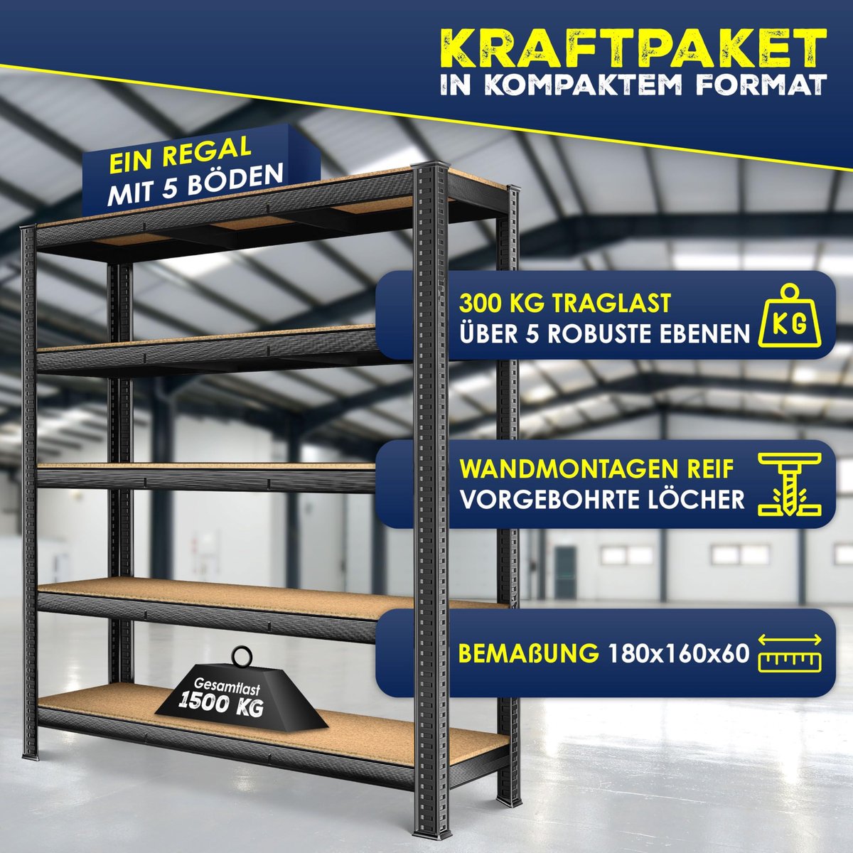 SnelShoppen - Opbergrek voor zware lasten, kelderrek 180x160x60 cm, 1500 kg belastbaar, 5 verstelbare MDF-planken, metalen steekrek, stalen frame, zwa