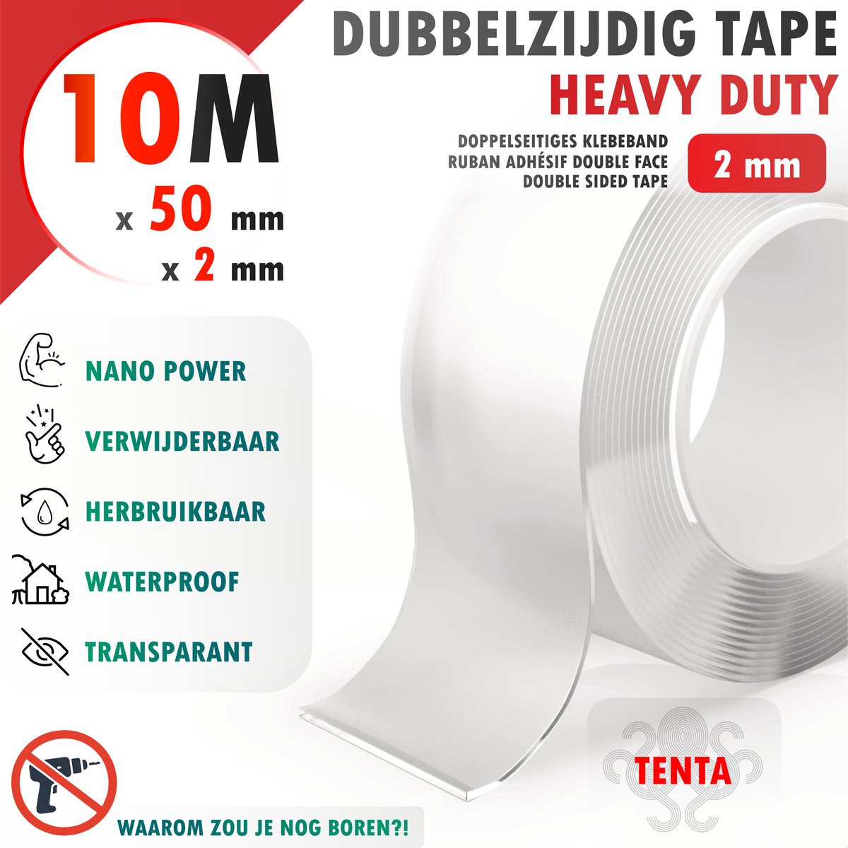 Dubbelzijdig Tape Extra Sterk 10m x 50mm x 2mm - TENTA Heavy Duty