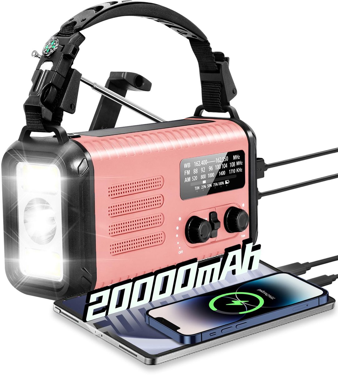SnelShoppen - Emergency Crank Radio 20000mAh / 74000mWh Zonne-Handzwengel Weerradio met NOAA/AM/FM, Oplader voor Mobiele Telefoon, Leeslamp, Zaklamp &