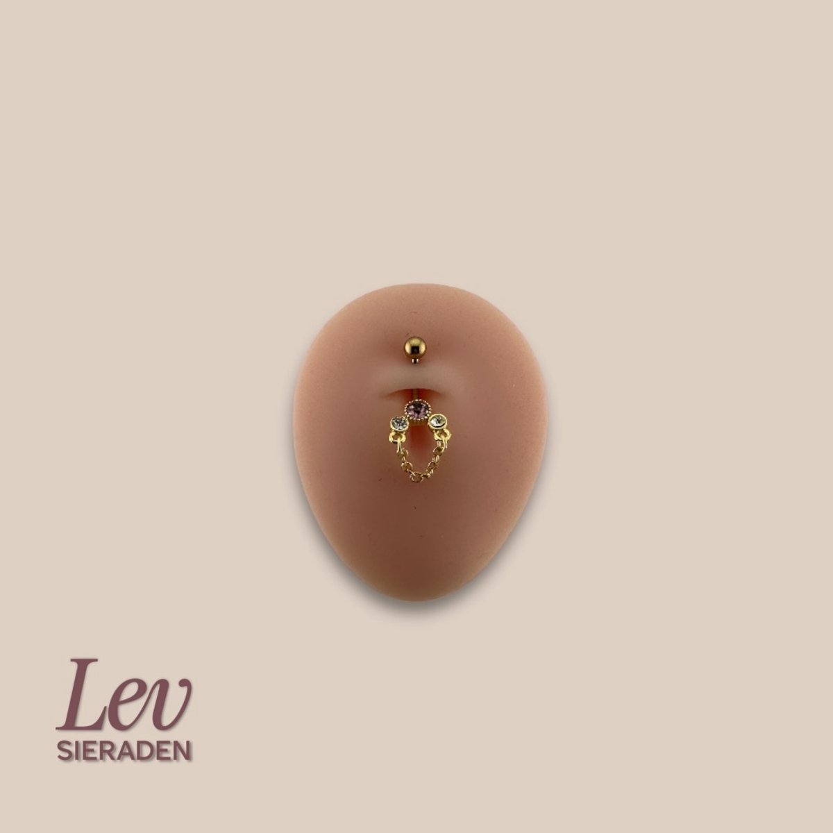Lev Sieraden - 1.6x10mm Stones and chain - hanger navel piercing - Goud kleurig - Titanium - Roze zirkonia - extern geschroefd