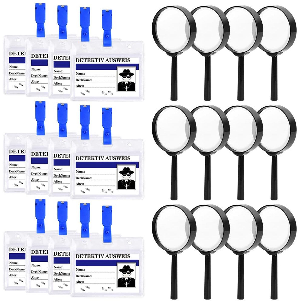 SnelShoppen - CLIUNT Detective Vergrootglas voor Kinderen - 12x Vergrootglazen en 12x Identiteitskaarten met Clip - Speelgoed voor Onderzoekers, Perfe