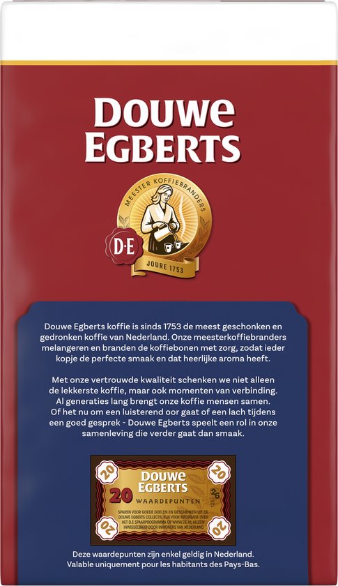 Rode verpakking van Douwe Egberts koffie met gouden logo en witte tekst. Tekst over koffie en waardepunten.