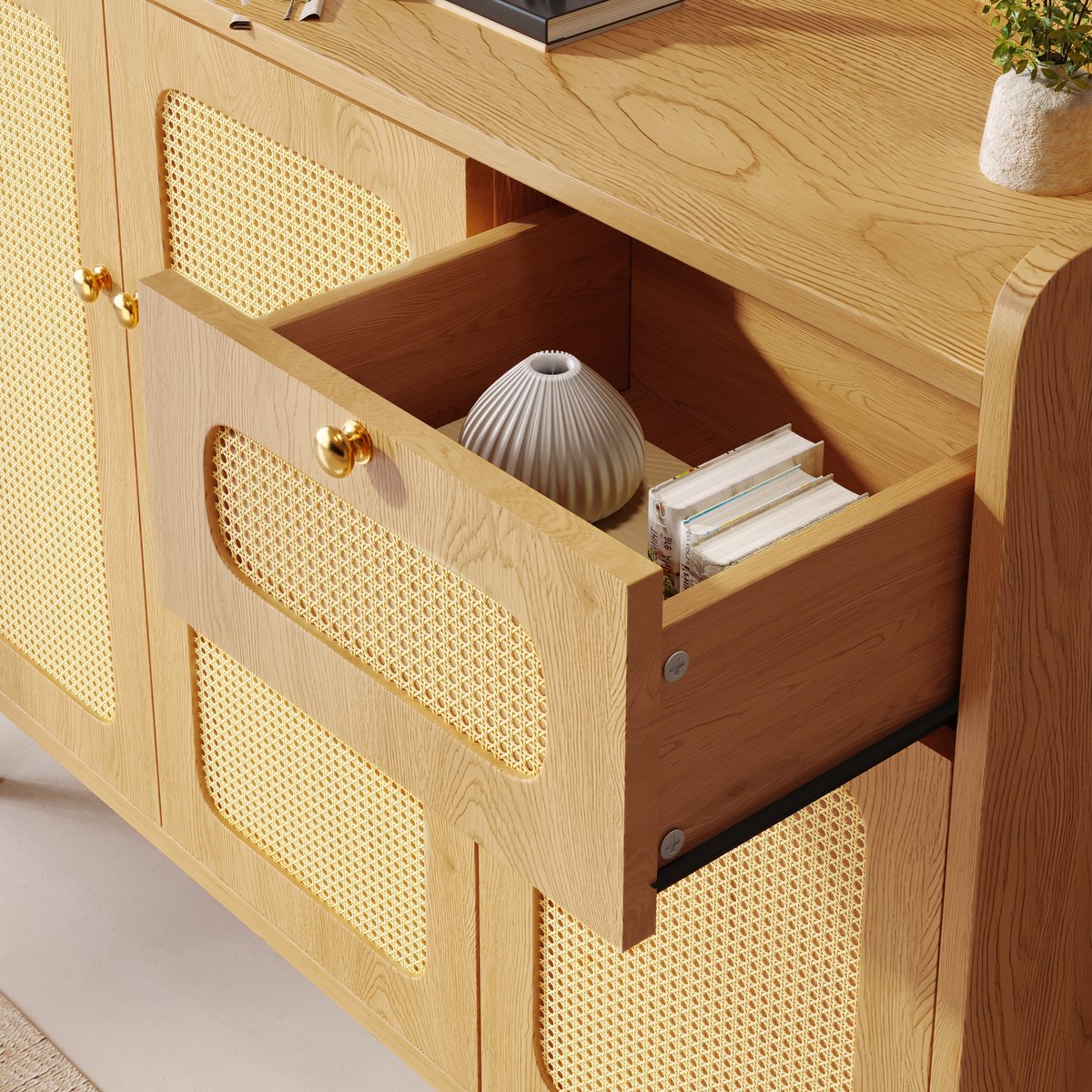OKWISH Dressoir - Rattan Fronten, 3 Deuren en 1 Lade - Opbergruimte voor Woonkamer, Keuken en Hal - MDF Eikenkleur - 120 x 40 x 91 cm