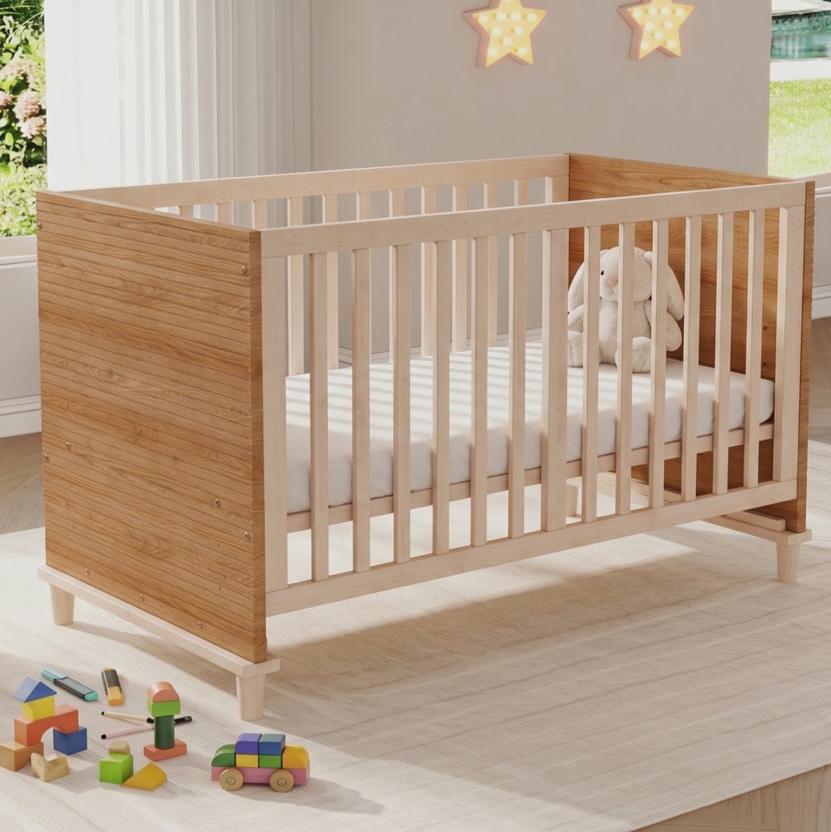 Babyledikant 70 x 140 cm - Ledikant Met 5-Voudig Verstelbare Bedbodem - Stevige Steunpoten En Spijlen - Kinderkamer - Hout En MDF - Natuurkleur - Zonder Matras