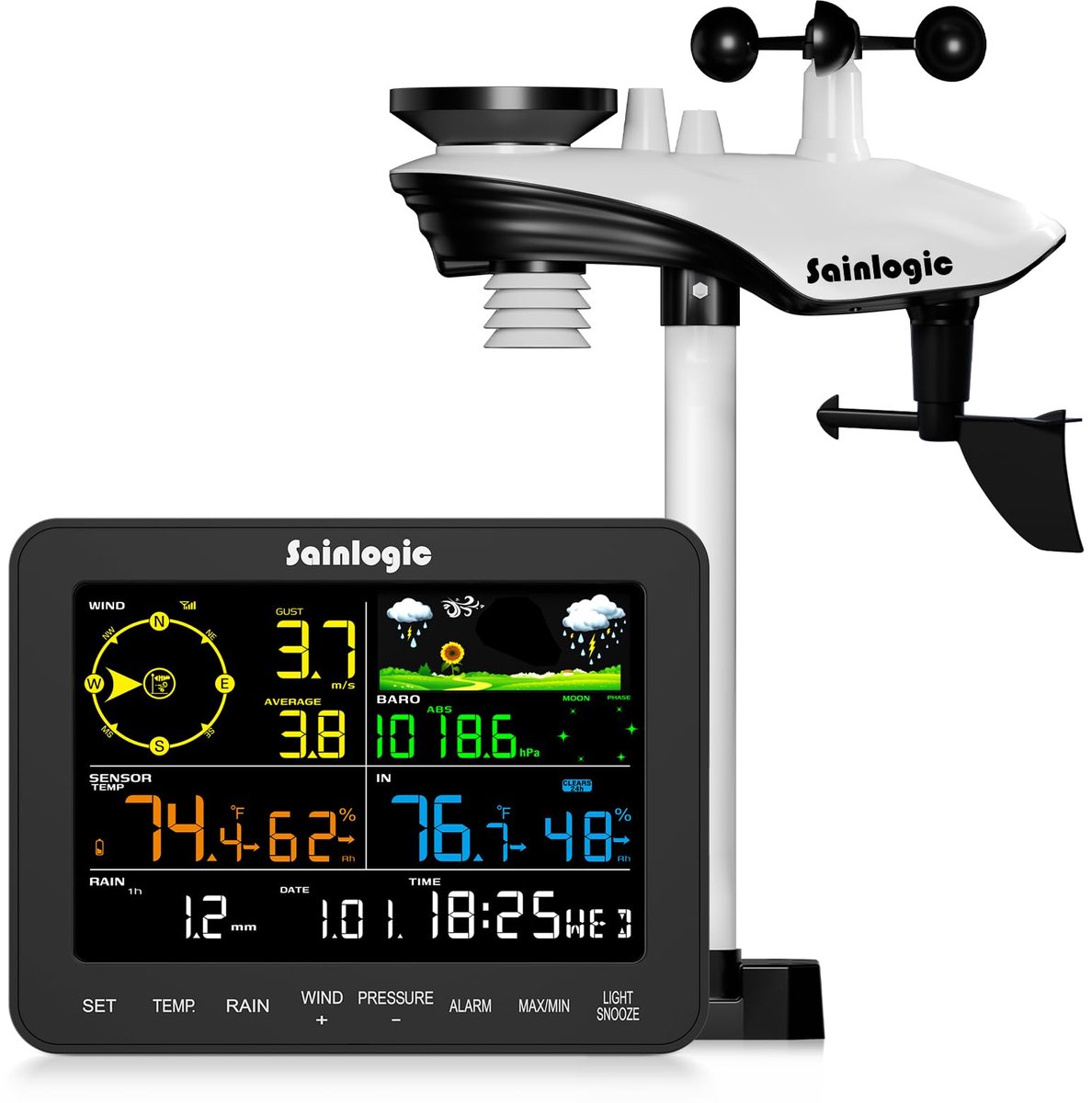SnelShoppen - 5-in-1 Weerstation Draadloos voor Binnen en Buiten - Anemometer, Binnenthermometer, Regenmeter, Weersvoorspelling, Maanfase, Tuin