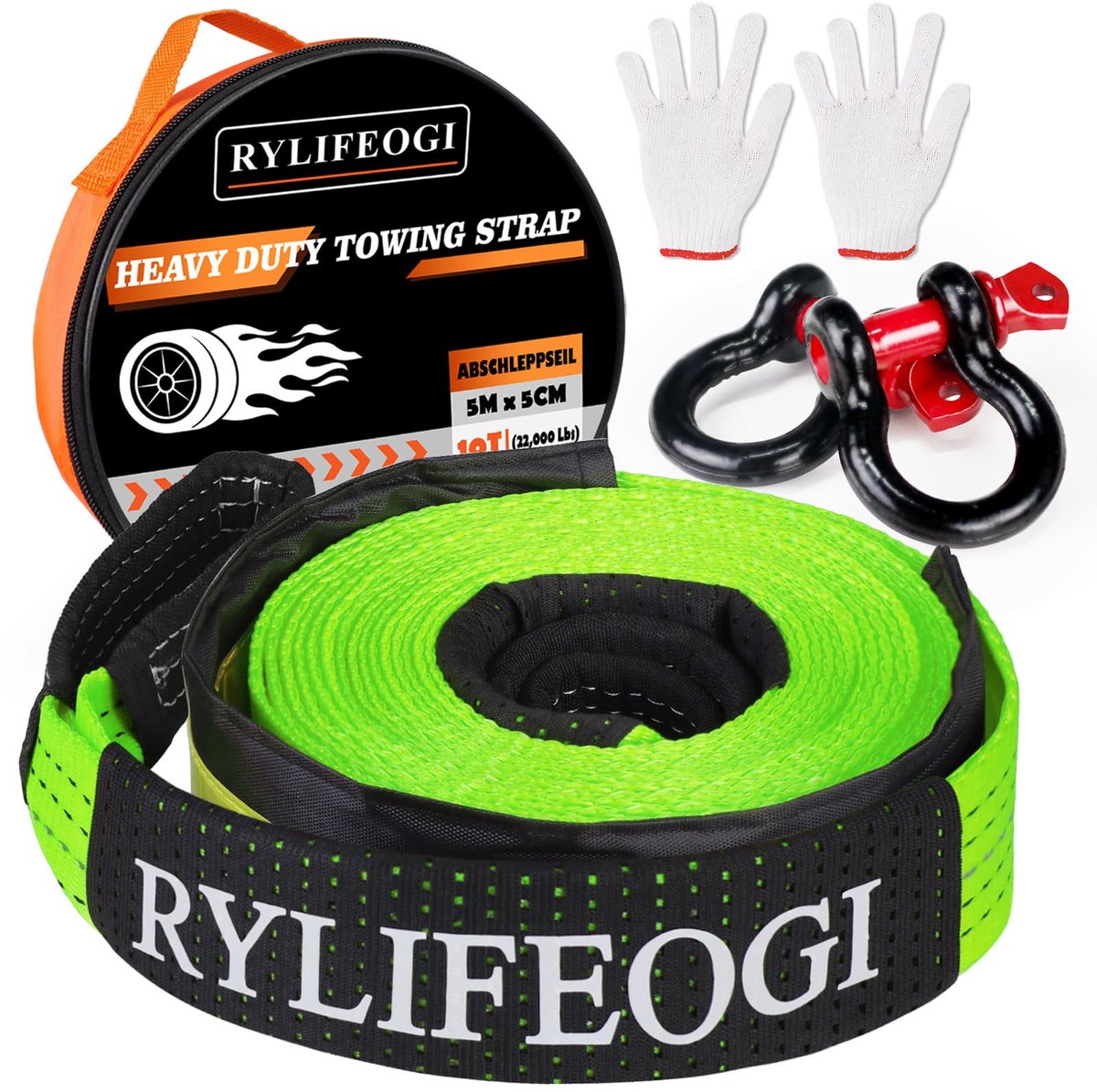 SnelShoppen - Heavy Duty Recovery Tow Rope 10 Ton (22,000Lbs) - 5m x 5cm Off-Road Sleepkabel met 2 Shackles en 2 Werkhandschoenen - Groen