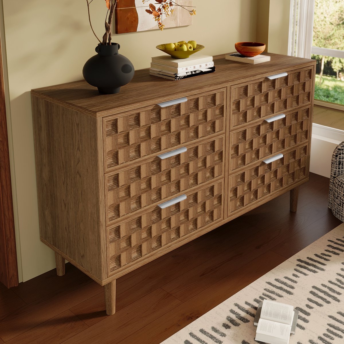 OKWISH Ladekast - 6 Lades - Eikenlook Met Metalen Grepen - Retrostijl Voor Woonkamer, Slaapkamer En Hal - MDF - 120 X 37 X 77 Cm