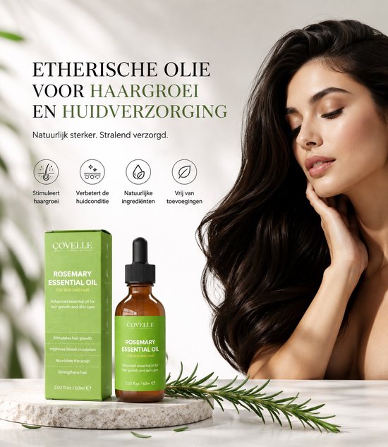 Model met lang, donker haar naast flesje rozemarijnolie. Tekst: Etherische olie voor haargroei en huidverzorging.