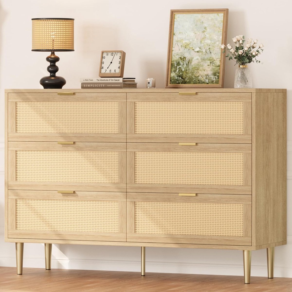 Houten dressoir met 6 lades van rotan, opbergkist in boerderijstijl met metalen poten | Dressoir met 6 lades en rotanstructuur, houten kast in boerderijstijl met metalen poten, ruime opbergruimte voor de slaapkamer en de kinderkamer