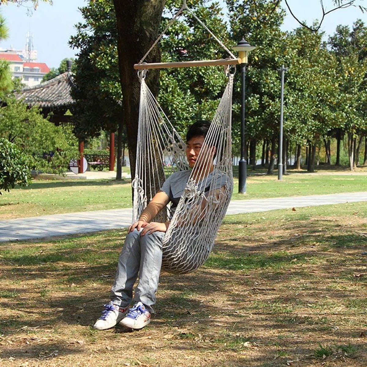 Hangende Schommelstoel - Hangmat Stoel - Ontspannen Buiten - Duurzaam Katoen - 160 Kg Draagvermogen - Wit