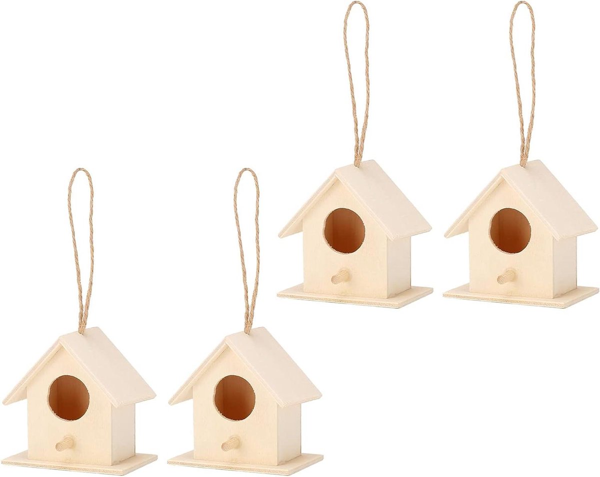 Houten Vogelhuisjes - Nestkast Set - Vogels Voeren - Natuurlijk Houtontwerp - 4 Stuks - Natuurlijk
