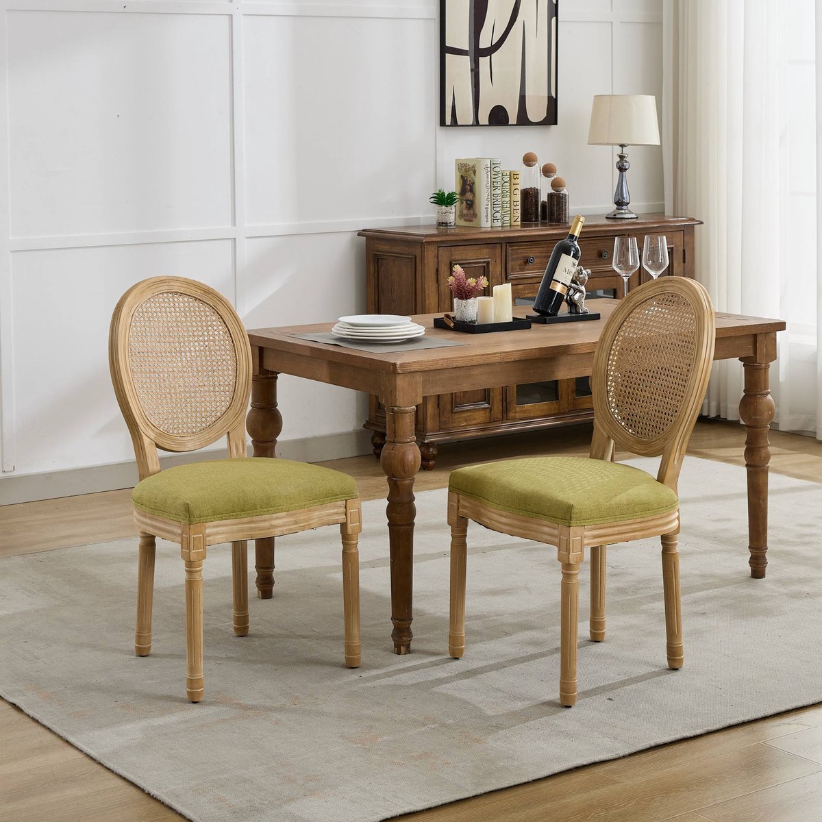 Pugsdrly Eetkamerstoel in Franse stijl met massief houten frame, antieke afwerking, linnen bekleding en rotan rugleuning, set van 2, olijfgroen, DE1843OL