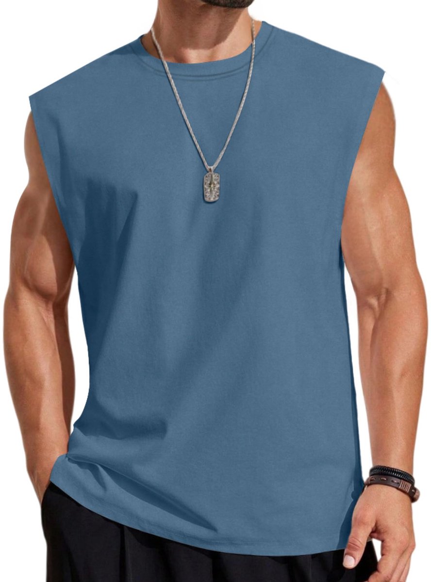 SnelShoppen - COOFANDY Tanktop voor Heren, Katoen, Mouwloos Spiershirt, Workout, Streetwear, Denimblauw, Maat L, Ideaal voor Sport en Casual Dagen