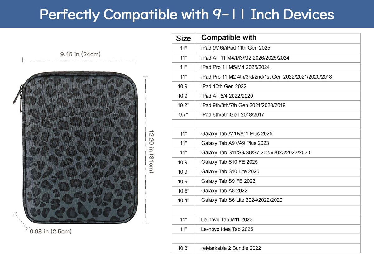 SnelShoppen - Tablet Sleeve Tas voor 9-11 inch iPad Pro 11" M5/M4, iPad Air 11" M4/M3, Galaxy Tab A11+/S10 Lite - Luipaard Zwart, Waterdicht, Schokbes