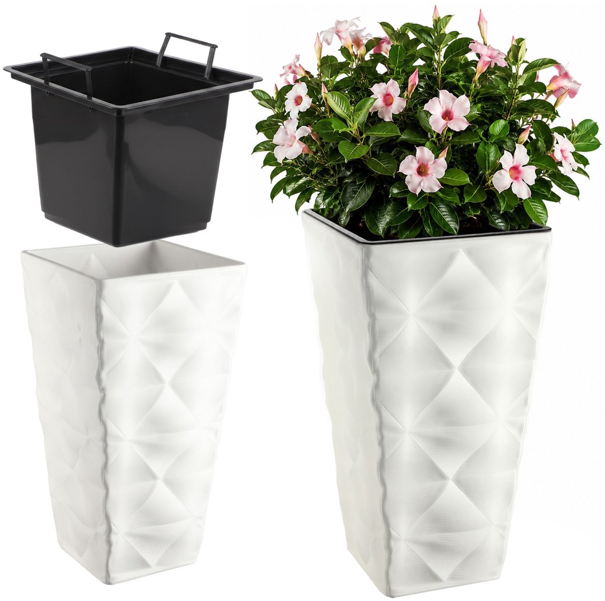 KADAX Bloempot met 3D-effect, bloempot van kunststof in 4 kleuren, plantenbak met inzetstuk en praktische handgrepen, kunststof pot, outdoor plantenbak, binnenpot (wit, hoogte: 55,5 cm)