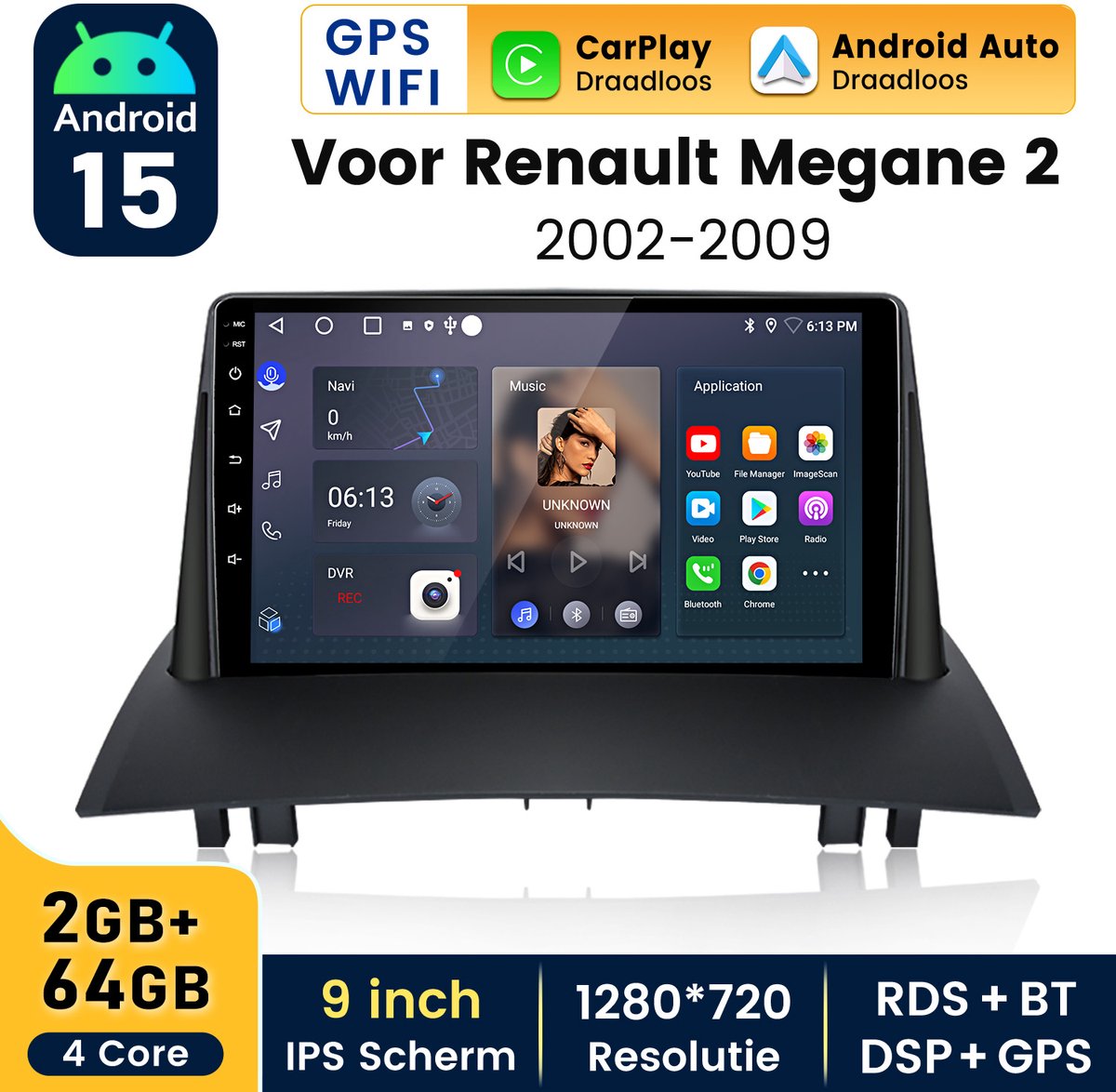 HexinexMarket - Autoradio Geschikt voor Renault Megane 2 (2002-2009) - Draadloos CarPlay, Android Auto, GPS Navi, multimediaspeler - 2GB+64GB