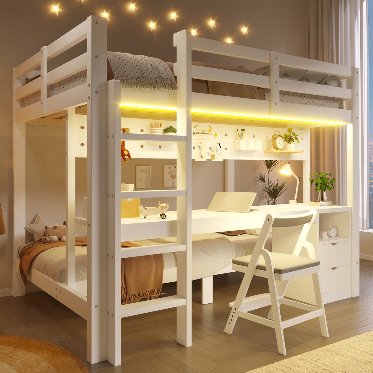 REDOM- Hoogslaper voor kinderen - Met bureau en lades - Met ophangpaneel en LED-verlichting - Hout en MDF - Wit - 205 x 151 x 170 cm
