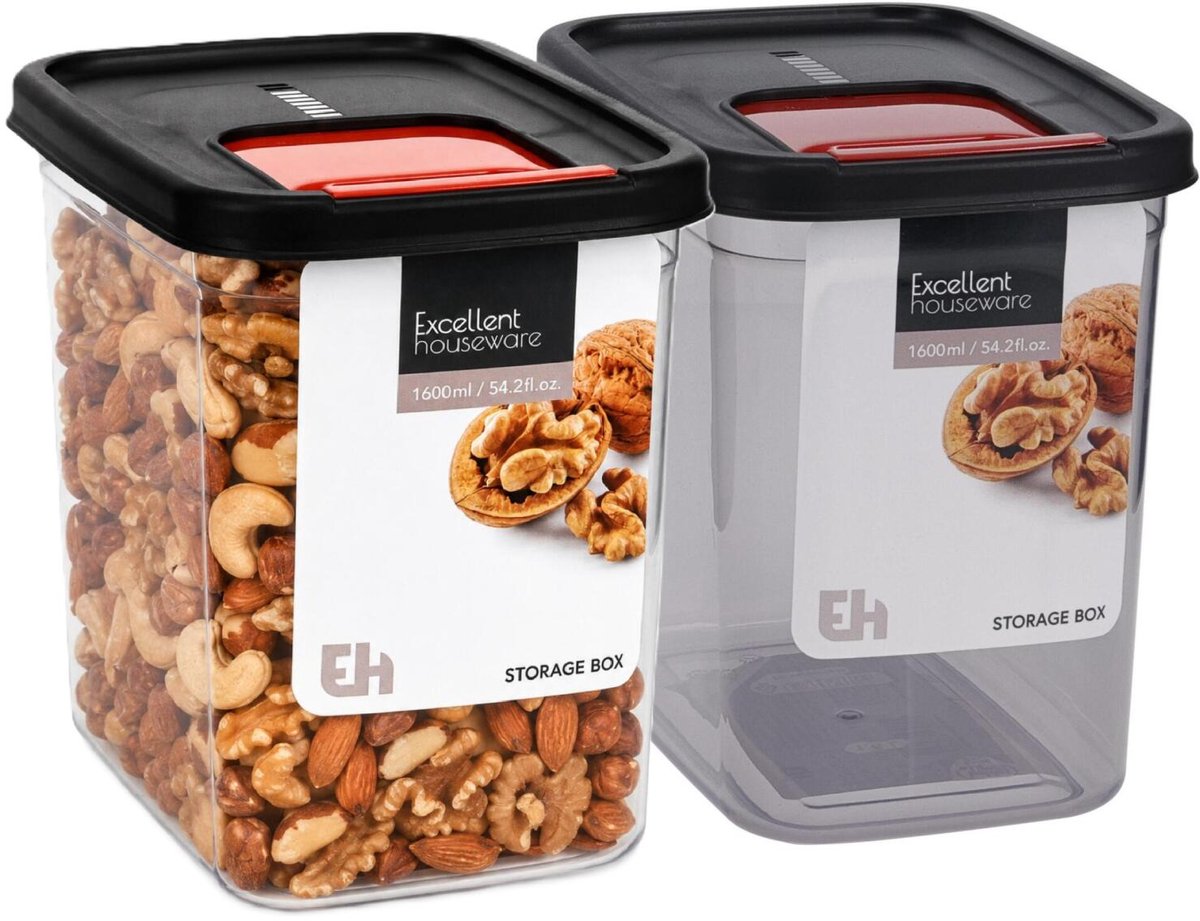 Excellent Houseware Voedselcontainer strooibus - 2x - transparant/zwart - 1600 ml - kunststof - 16 x 11 x 14 cm