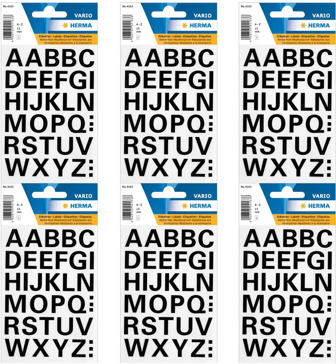 Herma Alfabet plak letters A-Z Stickers - 6x vellen - zwart - 15 mm - watervast