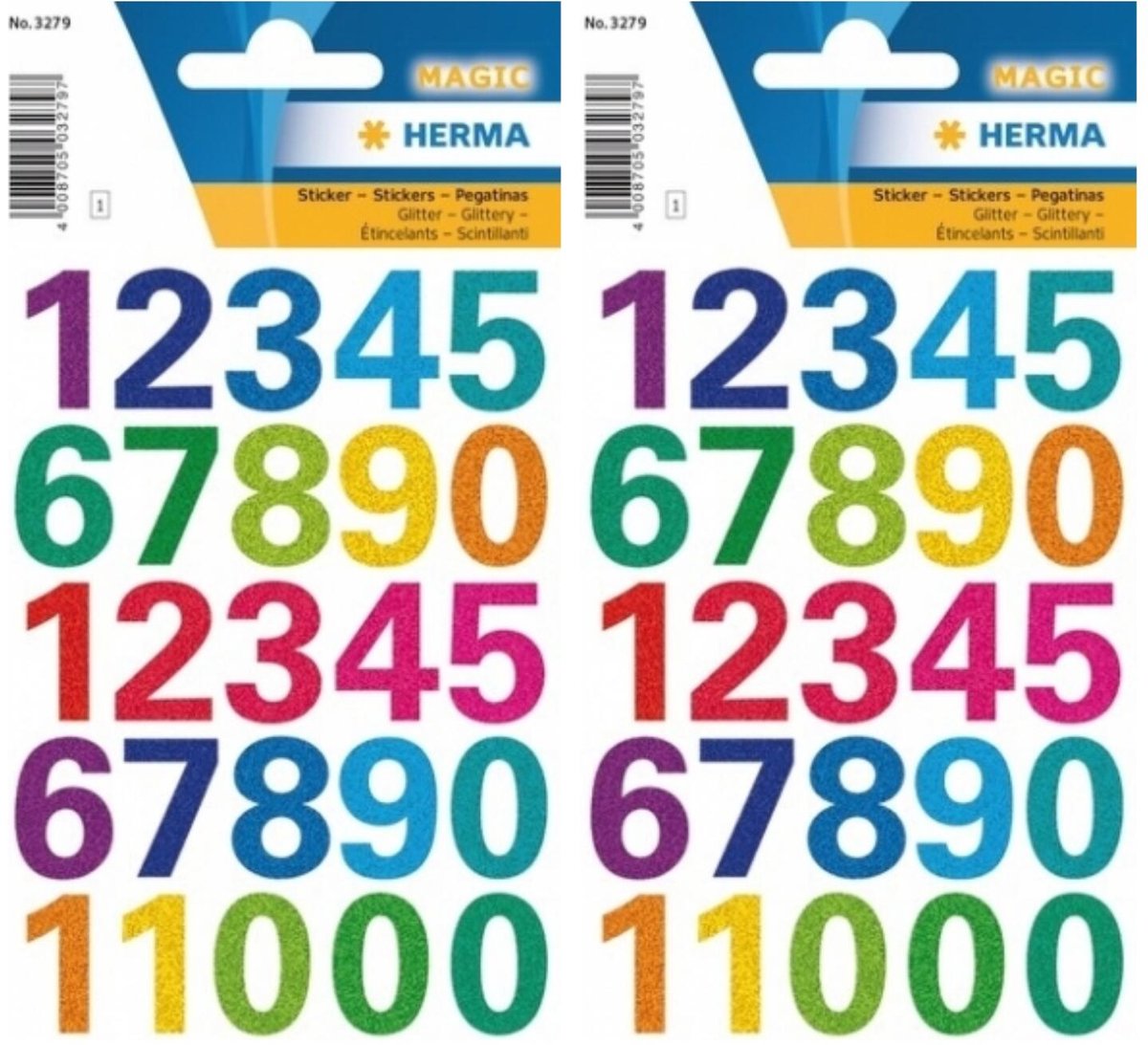 Herma Stickervel nummers glitter - cijfers / getallen - 0 t/m 9 - 2x vellen - gekleurd - 25 mm