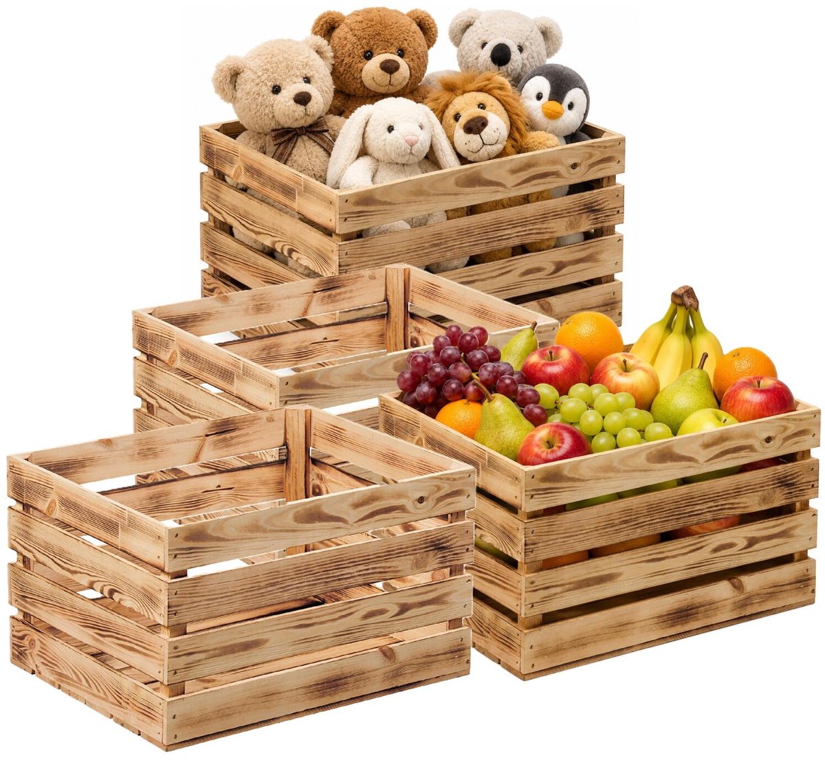Atmosphera Fruitkistjes Classic opslagbox - 4x - old look - lichtbruin - hout - L47 x B36 x H28 cm - Decoratie huis en tuin - wandplank - opbergers